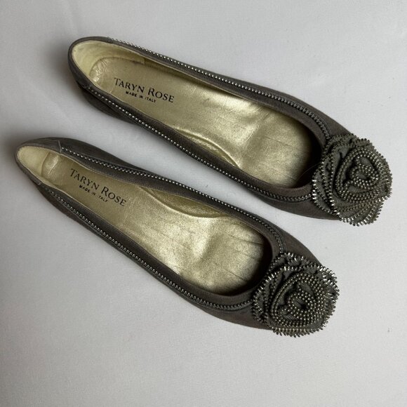 Taryn Rose | Size 37.5, US 7.5 | Grey Flats with Zipper Rose Detail - Picture 2 of 5